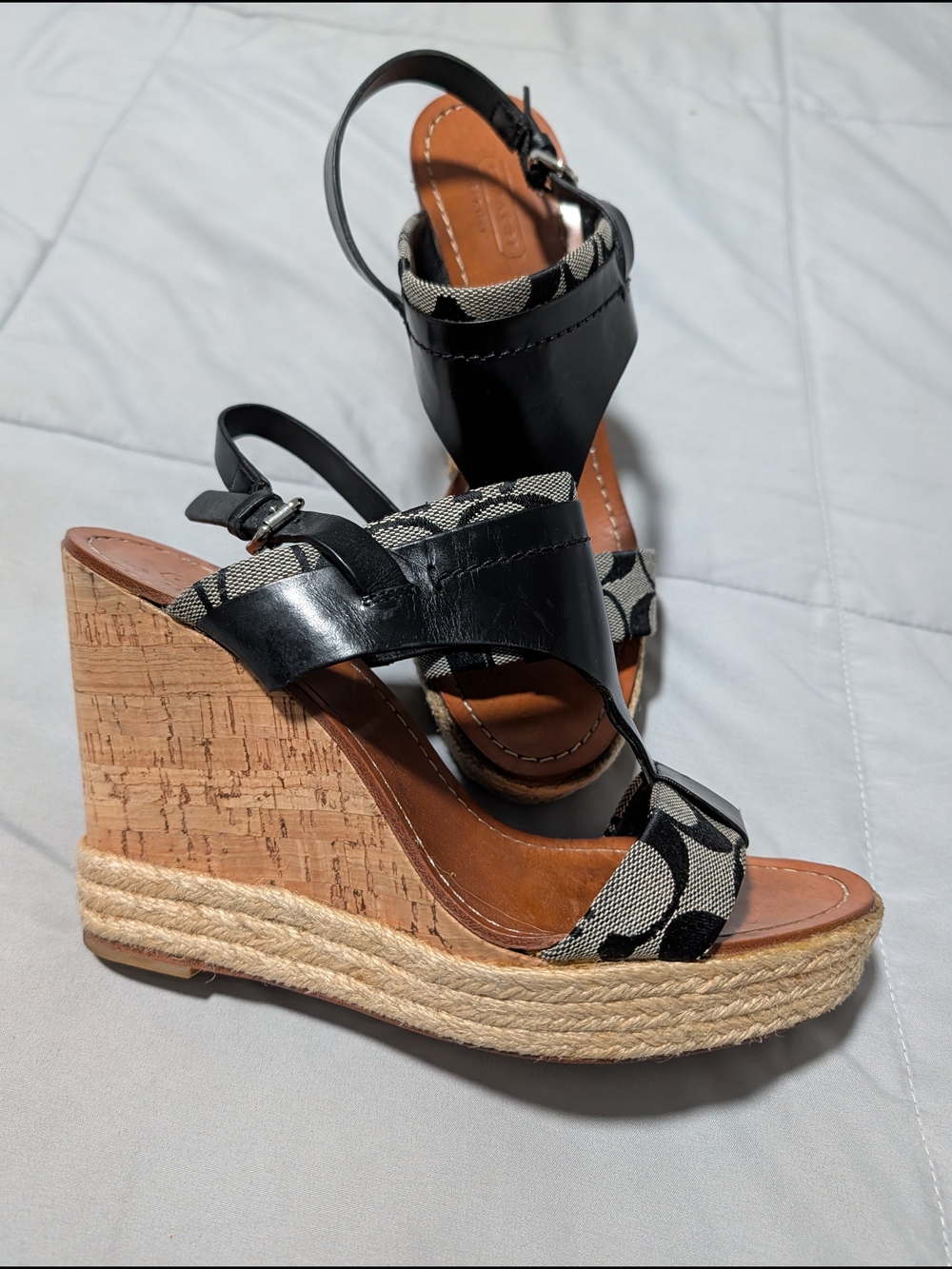 Coach Black Canvas & Leather Cork Espadrille Wedge Sandals